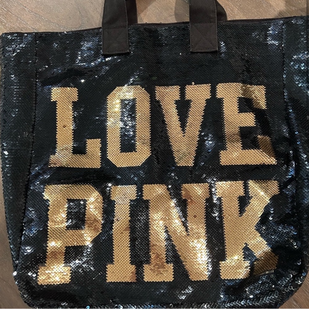 VS Pink Bag, Victoria Secret Black and Gold Sequins Love Pink Bag